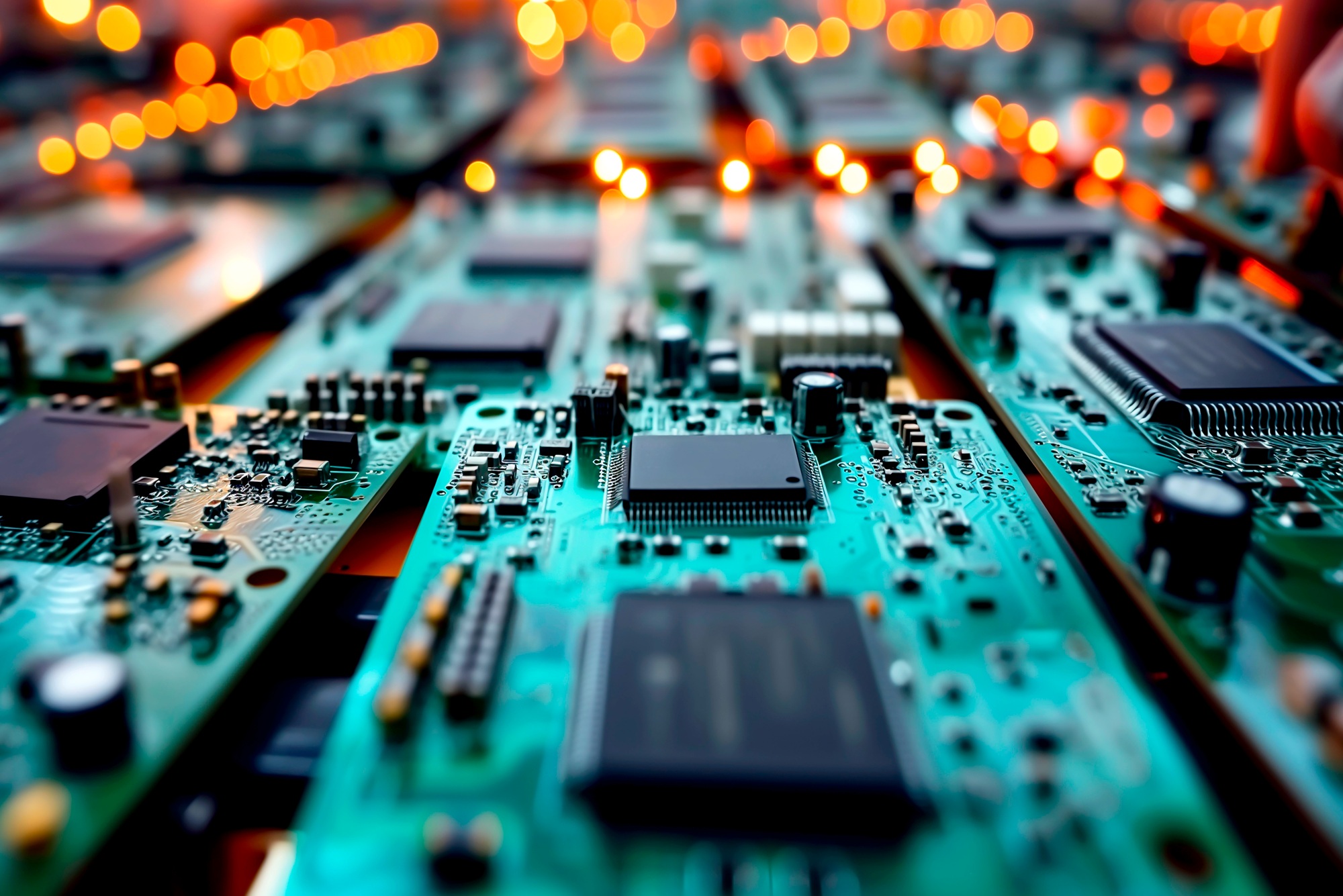 A lot of microelectronics in a computer system on a table in a factory for the assembly,production